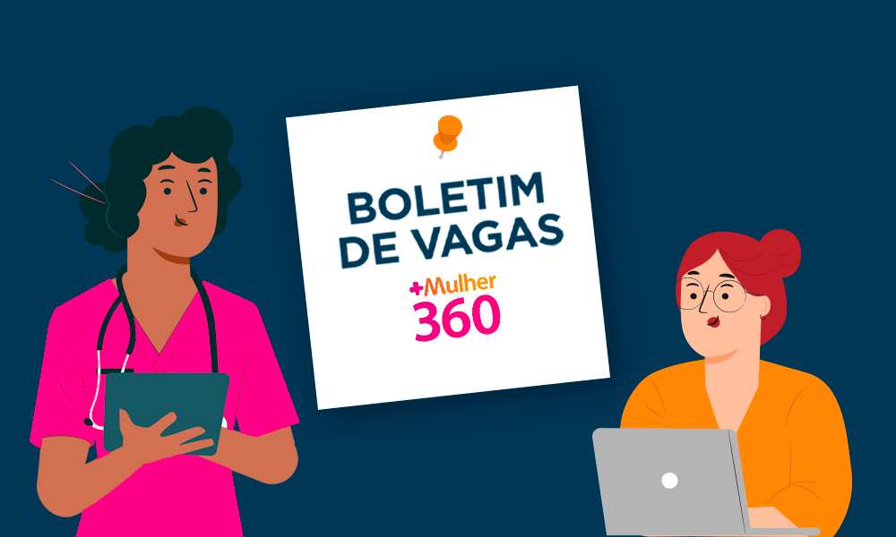 Arte com fundo azul com um retângulo no centro com o texto "Boletim de vagas MM360" preso por um alfinete e a ilustração de duas mulheres