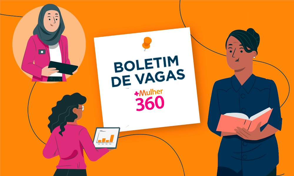 Arte com fundo laranja com um retângulo no centro com o texto "Boletim de vagas MM360" preso por um alfinete e a ilustração de três mulheres