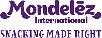 Logo Mondelez International com a frase "Snacking made right" abaixo.