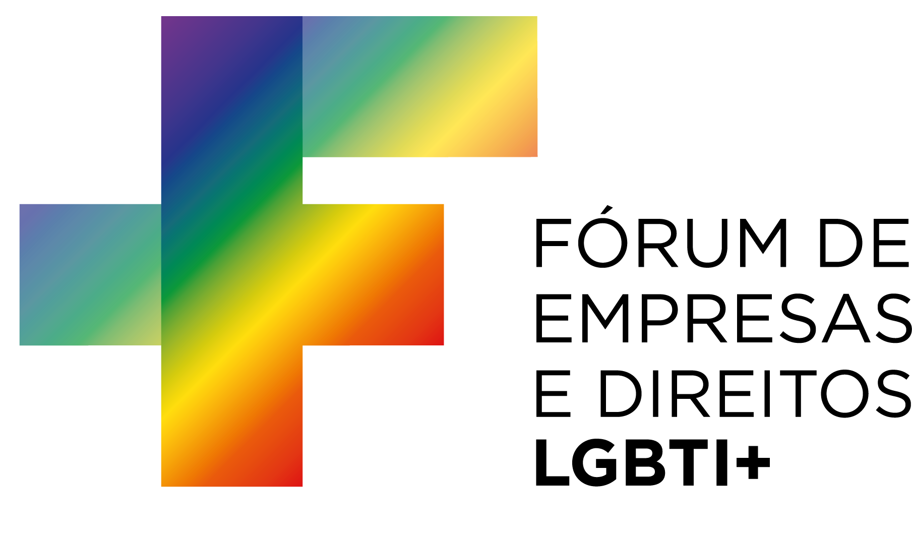 Logo com a letra F em destaque nas cores de um arco-íris e ao lado o texto Fórum de Empresas e Direitos LGBTI+